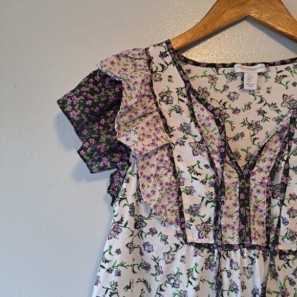 CAROLINA BELLE Montreal Purple Floral Cotton Flutter Sleeve Blouse Shirt Size S - Picture 3 of 11